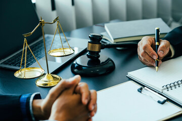 Male Notary lawyer or judge consult or discussing contract papers with Businessman client in office to help their customer, Law and Legal services concept.