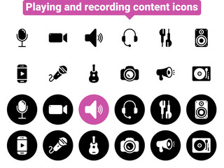 Set of black vector icons, isolated against white background. Flat illustration on a theme content creation, recording and playback. Fill, glyph