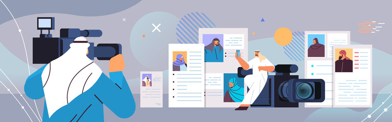 arab hr manager with video camera choosing resume curriculum vitae with photo and personal info of new employees