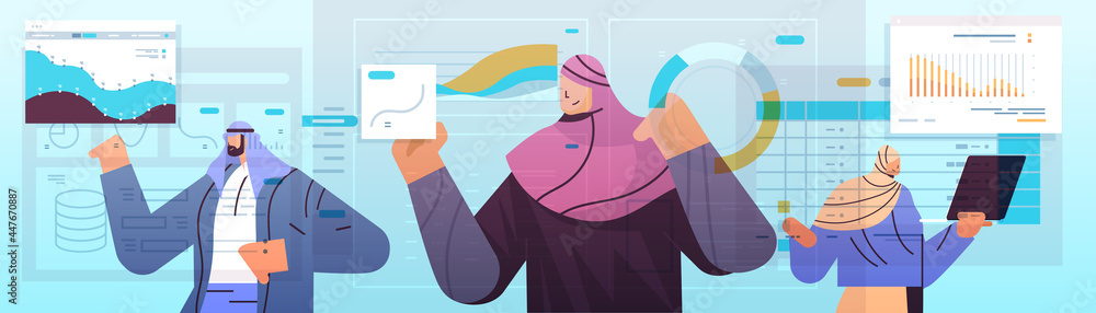 Poster arab businesspeople team analyzing financial statistics charts and graphs data analysis planning com