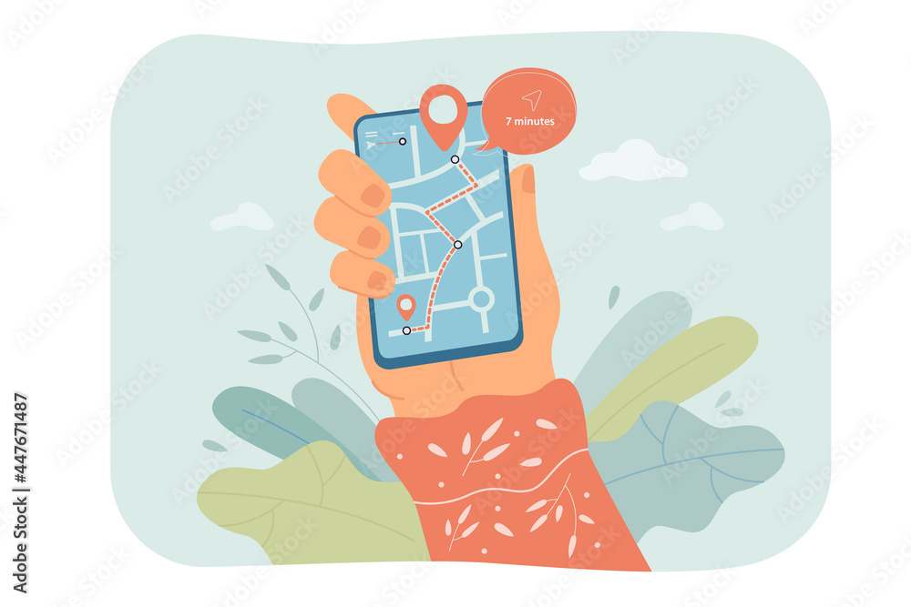Poster hand holding phone with map on screen flat vector illustration. navigation app building route. locat