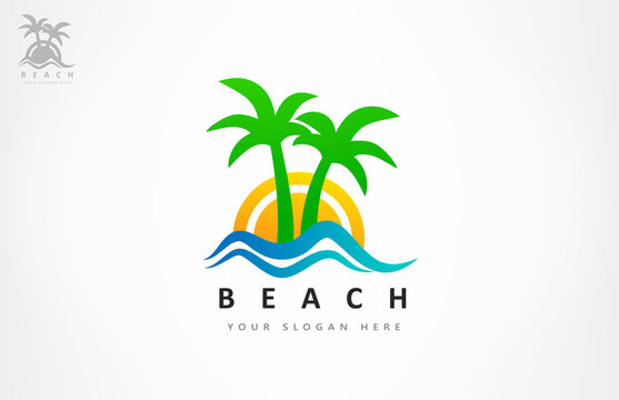 Oasis and beach logo vector. Palm tree, wave, sea and sun.