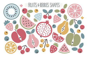 Vector abstract floral clipart set with fruits, apples, pears, watermelon, kiwi, lemon, orange, grapefruit, berries, cherry, blueberry, leaves, plants, abstract elements in boho style