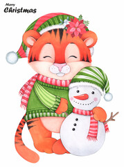 Symbol of 2022. Christmas tiger cub with a snowman. Cute tiger on a white background. Watercolor illustration.