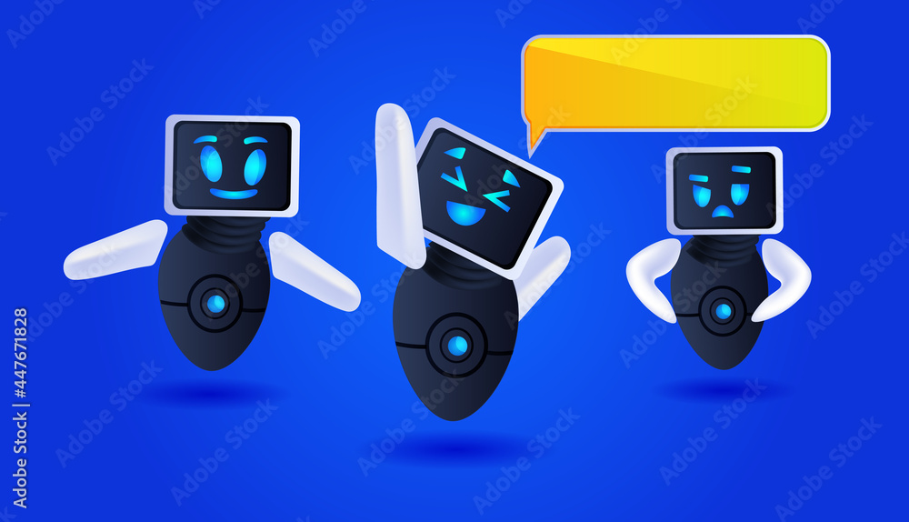 Poster cute robots discussing during meeting chat bubble communication artificial intelligence technology c