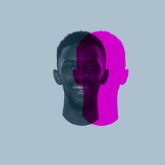 Close-up young African man's face, head with colored silhouette, shadow isolated on light background. Human emotion, split personality, mental problems concept.