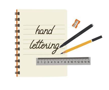 Illustration of hand lettering practice. Hand-drawn sketchbook with lettering, liner, marker, ruler, pencil. Top view. Tools for hand lettering, art supplies. Flat vector illustration, isolated.