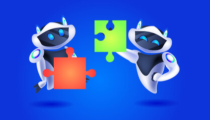 cute robots putting puzzle parts together modern robotic characters team solving problems artificial intelligence