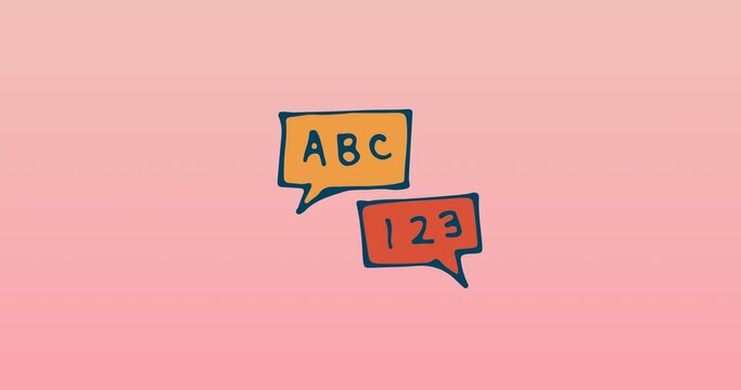 Animation of clouds with abc and 123 texts moving on pink background