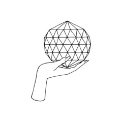 Vintage Mystic Crystal Ball in female hand drawing print. Crystal-gazing rock globe