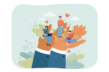 Tiny employees sitting and working on huge hands. Management people doing work together flat vector illustration. EAM, social support and wellbeing at workplace, community care concept