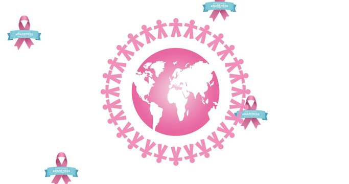 Animation of multiple pink ribbon logo falling over pink globe text appearing on white background