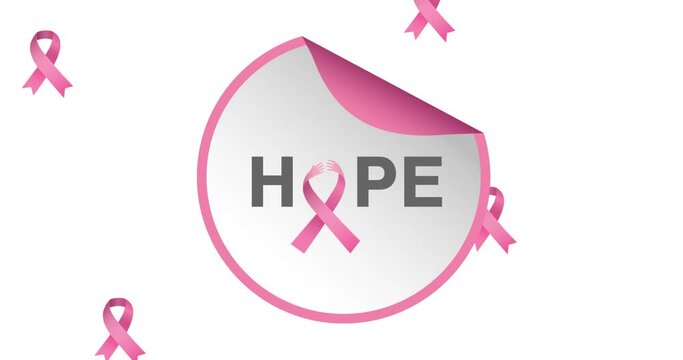 Animation of multiple pink ribbon logo falling over hope text appearing on white background