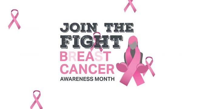 Animation of multiple pink ribbon logo falling over breast cancer text appearing on white background