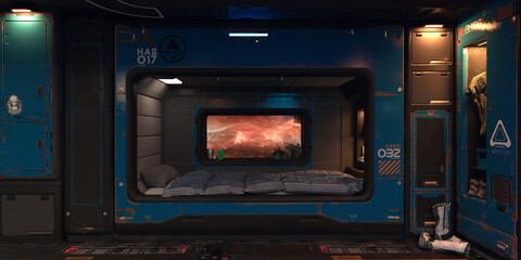Living compartment on a spaceship. A nebula is visible in the window. Sci-fi landscape. Photorealistic 3D illustration.