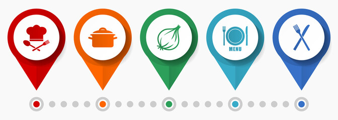 Chef, restaurant, kitchen concept vector icon set, flat design pointers, infographic template