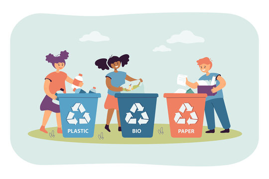 Kids sorting trash for recycling flat vector illustration. Multinational children collecting paper, plastic and bio waste in dustbins of different colors. Recycle, garbage, environmental concept
