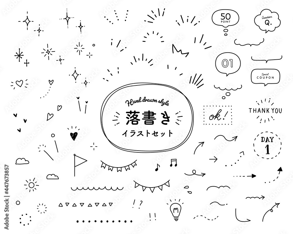 Wall mural 色々な落書きイラストのセット　手描き　アイコン　飾り　装飾　吹き出し　ハート　星　キラキラ　線