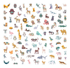 Vector collection of cute animals with abstract patterns. Cartoon characters for creating prints.