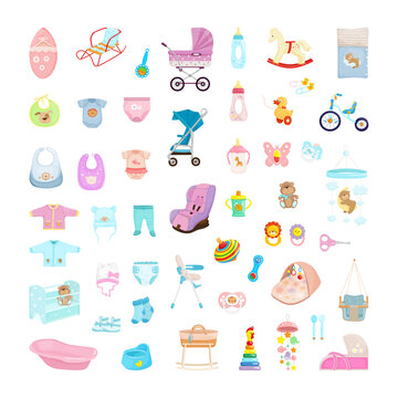 Collection of items for babies. Toys, cribs, clothes and strollers for newborns.