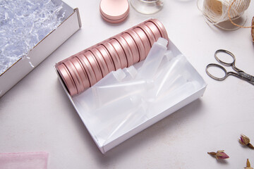 Set of tin metal and plastic case box for cosmetic packaging