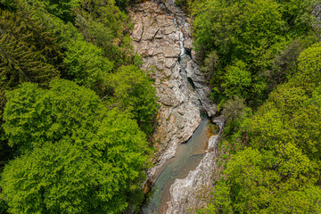 Fototapeta na wymiar Top view on Malzac river on the GR 70, Robert Louis Stevenson Trail, Cassagnas, Cevennes, France