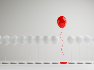 Red balloon floating out from white balloons that are tied to the platform on white background , Performance outstanding from crowd for different thinking , disruption and leadership by 3D rendering.