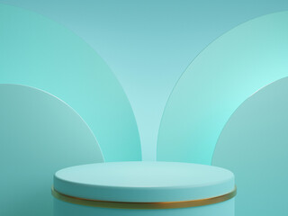 Light pastel blue cylinder pedestal for for product showing and display by 3d rendering technique.