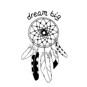 Vintage dreamcatcher with feathers and hand lettering Dream Big. Boho decoration ring illustration