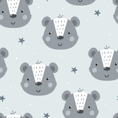 Seamless pattern cute character - animal baby bear. Vector print for baby shower. Printable templates