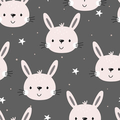 Seamless pattern cute character - animal baby bunny. Vector print for baby shower. Printable templates. Vector pattern with rabbit.