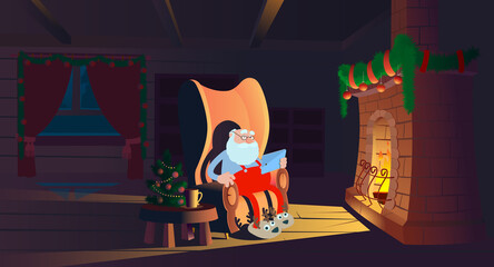 Santa Claus is sitting in an armchair in front of the fireplace and reading his tablet. Clipping mask used.
