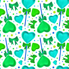 Watercolor seamless pattern with Heart Lollipops and green Bows. Bright illustrations for gift paper, packaging, textile design, stationery, scrapbooking and patchwork. Valentine's Day White