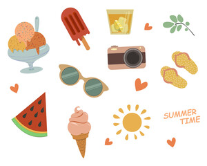 Set of cute summer icons: food, drinks, leaves, watermelon, lettering,  fruits and ice cream. Bright summertime poster. Beach party elements . 