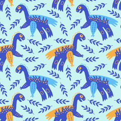 Vector illustration of seamless pattern with a dinosaur. Blue dino on a light blue background. For printing on fabric, on paper, poster, for a nursery, for wall design. Hand-drawn style.