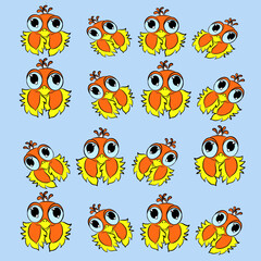 pattern owl, owl, baby owl, cute owl, orange owl, with blue eyes,and eyelashes, yellow feathers