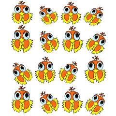pattern owl, owl, baby owl, cute owl, orange owl, with blue eyes,and eyelashes, yellow feathers