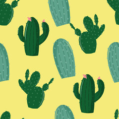 Seamless pattern with various cacti, bright texture with green cacti, hand drawing in cartoon style, stylish and simple illustration, background with desert plants, vector print for printing bedding