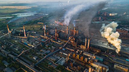 metallurgical plant heavy industry poor ecology top view smoke from chimneys smog