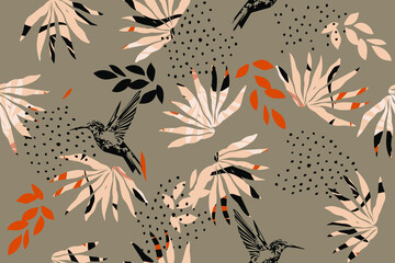 Leaves, grass, spots, stripes, circles. Safari. Camouflage. Modern seamless pattern. Natural ornament. Creative background