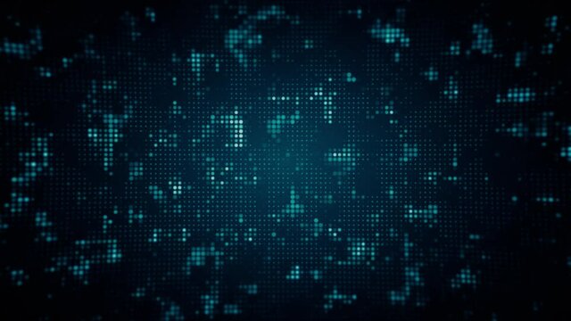 4k High tech abstract background glowing microdots twinkling as an active computer process. Abstract technology background of led screen with moving stripes and flickering particles.