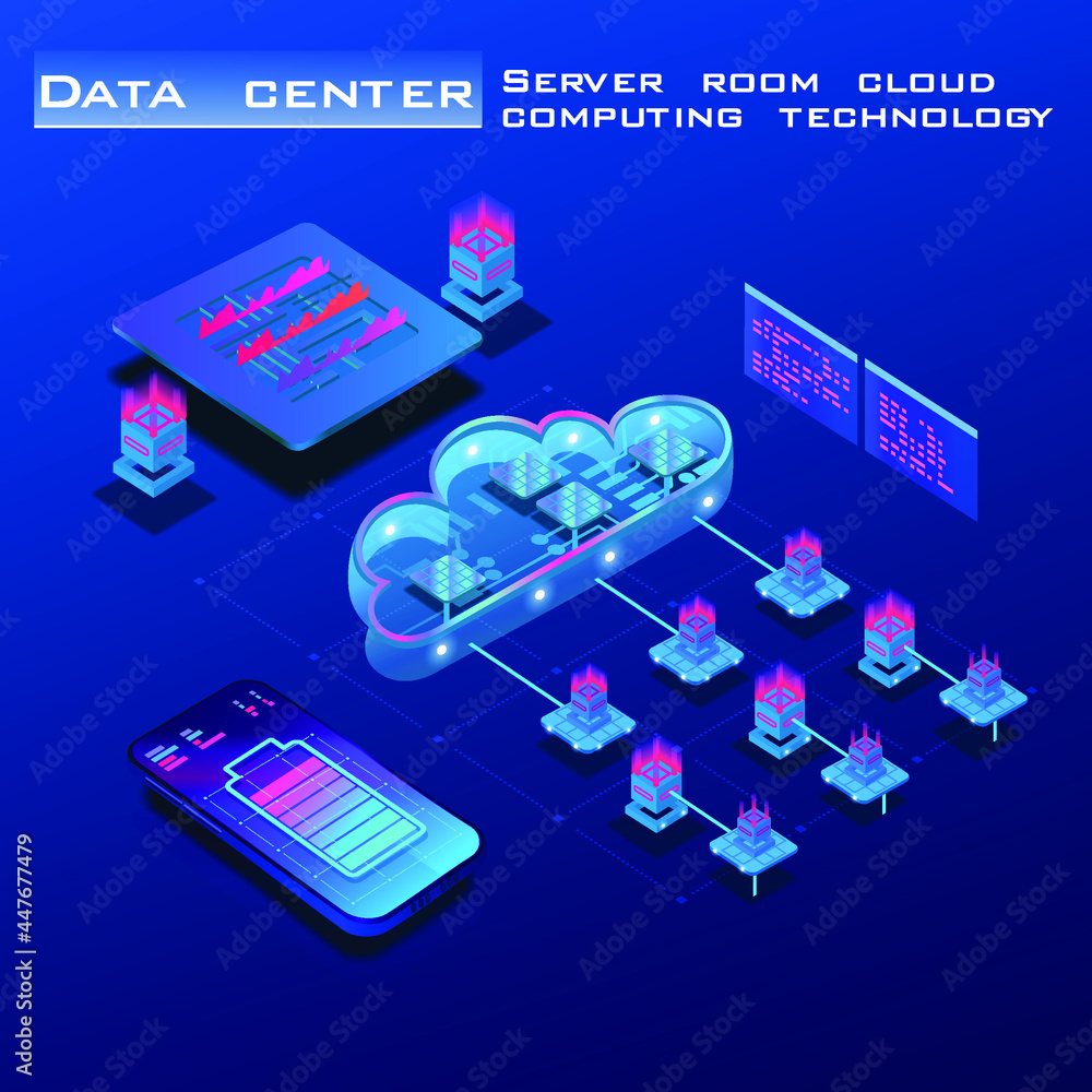 Poster cloud data storage. server room. the process of processing and storing data. central processing unit