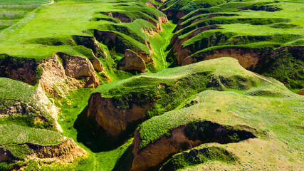 Canyon cliffs mountains green grass top view