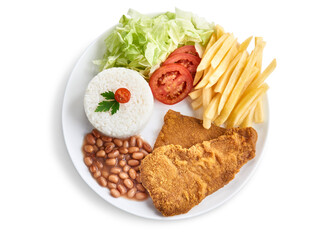 Prato executivo com filet a Milanesa com arroz, feijão, salada e batatas fritas, vista de cima e isolada com path