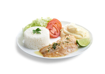 Prato executivo com filet de pescada frita com arroz, salada e purê de batatas, visto de baixo e isolado com path