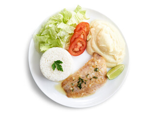 Prato executivo com filet de pescada frita com arroz, salada e purê de batatas, visto de cima e isolado com path