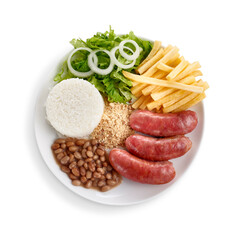 Prato executivo de linguiça Toscana com arroz, feijão,  salada, salada e batatas fritas, visto de cima, isolado com path