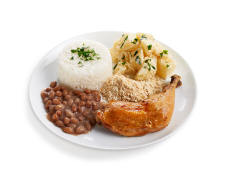 Prato executivo, coxa e sobrecoxa de frango assado com arroz, feij&atilde;o e maionese, com path