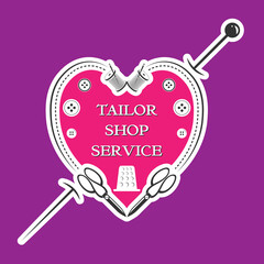 Tailor shop service. Logo in the form of a heart made from sewing supplies. Vector