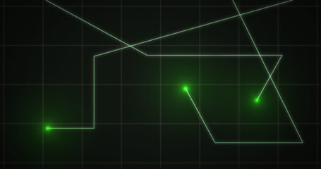 Image of glowing green points with light trails moving on grid on black background